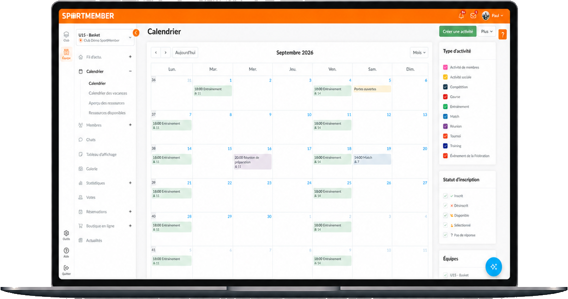 Le calendrier de l'équipe dans SportMember sur ordinateur